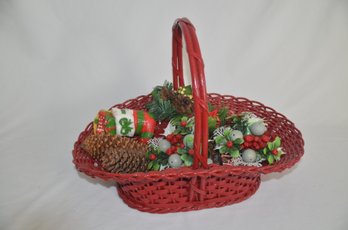 (#33) Red Handle Basket With Assorted Holiday Decor.