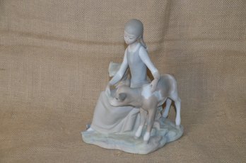 (#32) Charming Llardo Matte Finish Girl With Calf Porcelain Figurine 8'H
