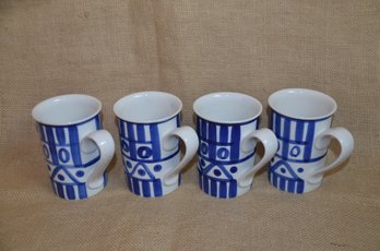 (#10) Dansk Coffee Mugs 4 Blue And White Color Design Detail 4.25' Height