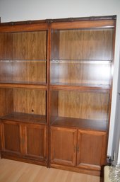 (#46) Set Of 2 Bombay Barrister Bookcases Bottom Storage Cabinets, Glass Shelves, Lighted, Built In Outlet