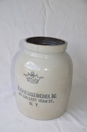 28) Beige Stoneware Crock 2 Gallon Blouch & Goggenheimer, Inc. NYC ( Chips On Rim)