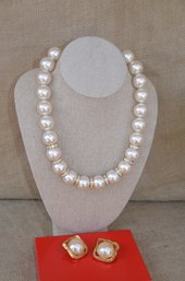 (#170) NEW Costume Pearl Necklace Matching Clip Earrings