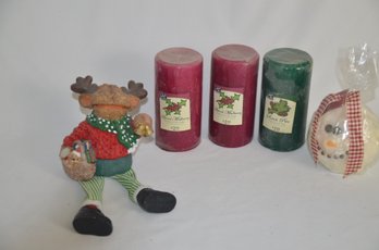 (#37) NEW Holiday Pillar Candles Lot 3 And Snowman Head Candle, Holiday Moose Shelf Sitter Decor.