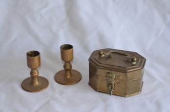 (#14) Brass Trinket Box ~ Copper Candle Stick Holders 3.5'H
