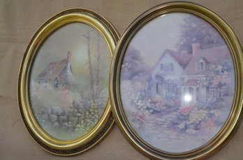 (#166) Pair Of Oval Framed Cottage Prints 23x19 And 18x22