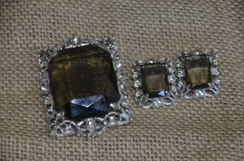 (115) Vintage Sarah Coventry Clip Earrings Brooch Pendant Smoky Quartz ( Few Rhinestones Missing)
