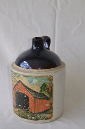 30) Whiskey Stoneware Crock Jug Painted Barn Scene ( Slight Chip On Top Spout)