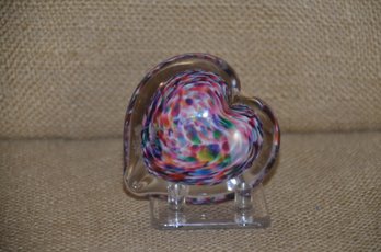 (#70) Rainbow Mix Heart Solid Glass Paperweight Sculpture Hand Blown With Lucite Stand