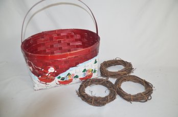 (#39) Hand-painted Holiday Basket And 3 Twig Small 6' Wreath