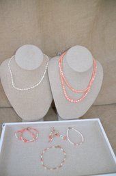(#172) Coral Pearl Costume Necklace (2) Earrings And Bracelets