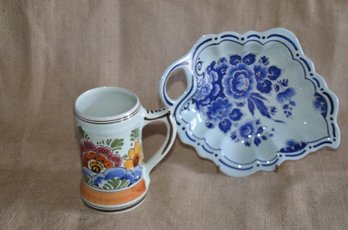 (#114) Delft Holland Blue Leaf Design Candy Dish And Delft Mug