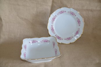 (#53) Vintage Grace China Bavaria Western German Gold Rim DRESDEN ROSE 10' Round Plate And 9x9 Square Bowl