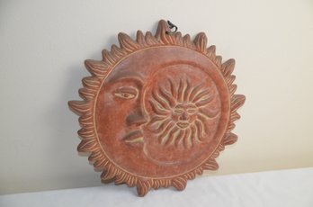 (#85) Clay Pottery Sun Moon Mexican Terra Cotta Wall Art Hanging 13' Round