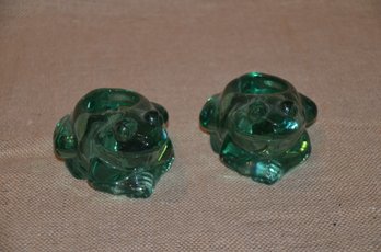 (#97) Pair Of Green Glass Frog Tea Light Holder 3'H