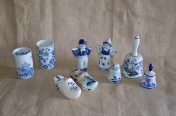 (#115) Assorted Lot Porcelain Blue And White Trinkets: Delft Salt Shaker & Bell ~ Japan Bell ~ Dutch Shoes