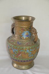 15) Vintage Antique Japanese Champleve Cloissane Vase With Side Handles Etched Design 12.5'H