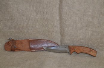 195) Knife 9' Brown Wood Handle 5' Blade Leather Sheath No Box