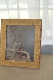 (#155) Vintage Wood Frame (chipped) Drawing Of Bird Drinking In Fountain On Wood