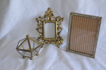 (#19) Vintage Brass Picture Frames (3)  ~ 5x7 Mother On Pearl Frame ~ 2x3 Frame ~ Hexagon Trinket Box