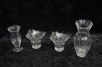 (#144) Glass Crystal? 4.5' And 6' Vases ~ Pair Of Cut Glass Candlestick Holders 3'