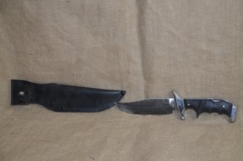 197) Knife 11' Black Handle 6.5' Blade Leather Sheath No Box