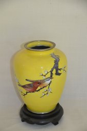 16) Japanese Cloisonne Yellow Vase Bird Motif With Wood Stand 6'