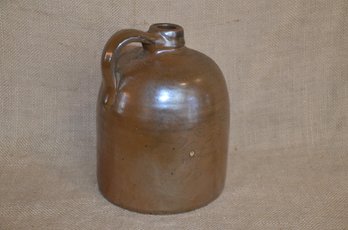 117) Vintage Pottery Primitive Whiskey Jug Brown Stoneware Crock With Handle 8'H
