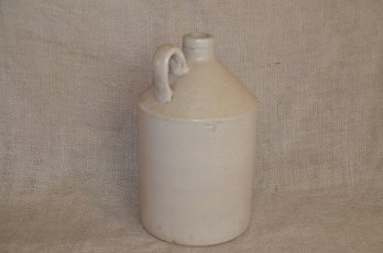 118) Vintage Pottery Primitive Whiskey Jug Beige Stoneware Crock With Handle 9'H