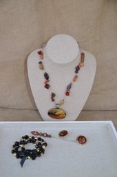 (#176) Chico Necklace, Earrings, Hat Pin And Black Beaded Bracelet