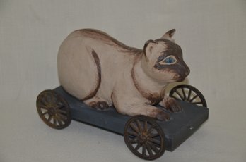 93) Antique Wood Cat Toy On Wheels Spring House Collection