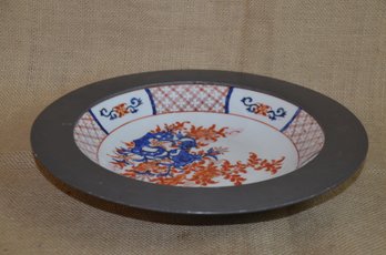 (#20) Beautiful Decorative Asian Hand Painted Porcelain Bowl Pewter Rimmed Heavy