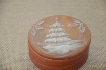 (#162) Vintage Round Incolay Christmas Tree Design Trinket Jewelry Box Design Gifts International