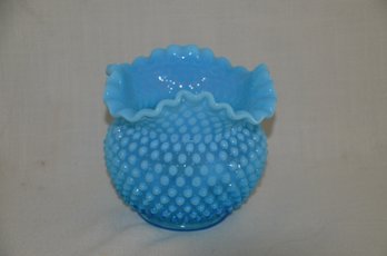 95) Vintage Fenton Hobnail Glass Blue Ruffled Vase 5'H