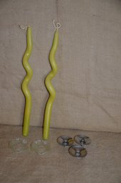 (#81) Spiral Candle Sticks,  2 Glass Candle Drip Catcher,  3 Metal Candle Insert,