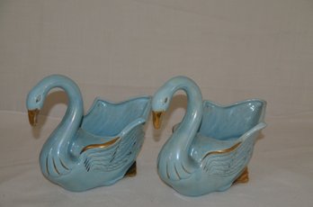 33) Pair Of Swan Ceramic Planters MCM ( One Swan Cracked ) Turquoise & Gold