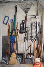 (#100) Large Lot Of Garden Tools, Snow Shovel, Shopping Cart