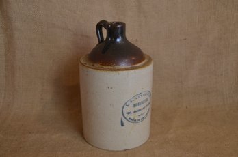 123) Antique Stoneware Pottery Whiskey Jug Beige Crock Loop Handle 10.5'H