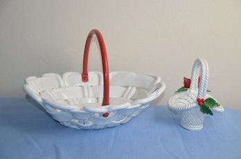 (#96) Vintage Italian White Ceramic Capodimonte Small Basket ~ Italy White Ceramic Red Head Basket