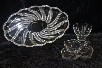 (#150) Glass Swirl Cut To Clear Platter 14' ~ Glass Leaf Candy Dish 8' ~ Dip Bowl 3.5'