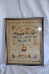 (#23) Vintage Framed Needlepoint Cross Stitch HOME IS WHERE THE HEART IS