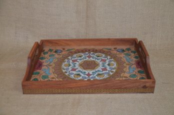 (#23) Decorative Glass & Wood Inlaid Design Detail Serving Tray 12'