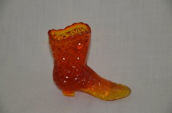97) Fenton Amberina Carnival Daisy & Button Glass BOOT Shoe Orange Yellow