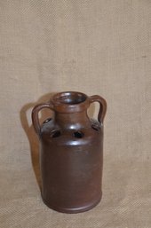125) Antique 6.5'H Stoneware Earthenware 2 Loop Handle Jug Crock Dark Brown Glazed Clay Pottery