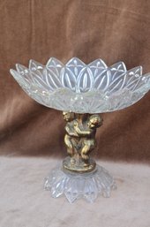 (#176) Pedestal Compote Glass Bowl Metal Cherub 9'H