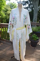 27) Japan Kimono Robe Floral Detail Approx. 54' Long Pale Yellow