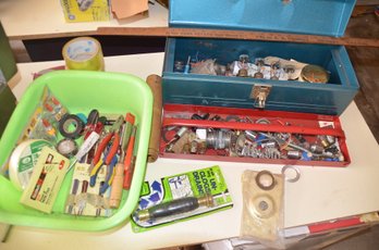 (#102) Blue Tool Box With Assorted Lot Of Tools, Car Part Accessories.