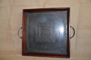 (#25) Square Wooden Tray Inlaid Design Handle 17.5'