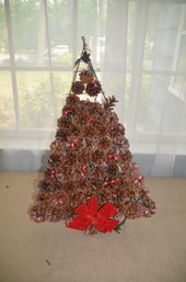 (#166) Metal Christmas Tree Form Decorated With Pinecones 24' Working Lights