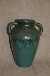 (#88) Handmade Pottery 2 Handle Jug 2 Tone Emerald Green 9'H