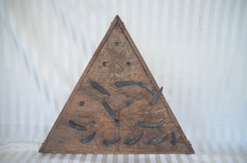(#108) Antique Vintage Knights Of Pythias Initiation Ritual Rubber Spiked Oak Triangle Wood Board